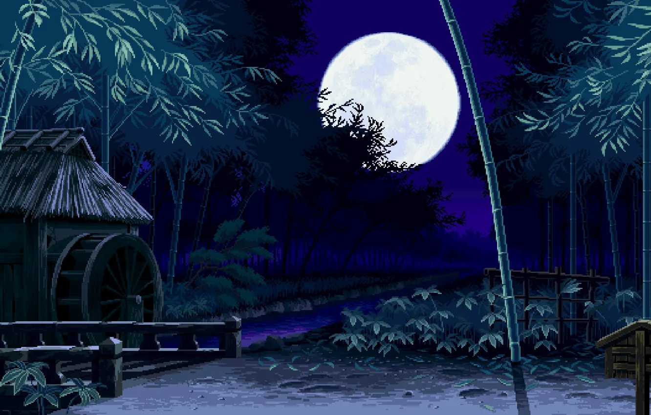 Photo wallpaper night, bamboo, river, pixel art