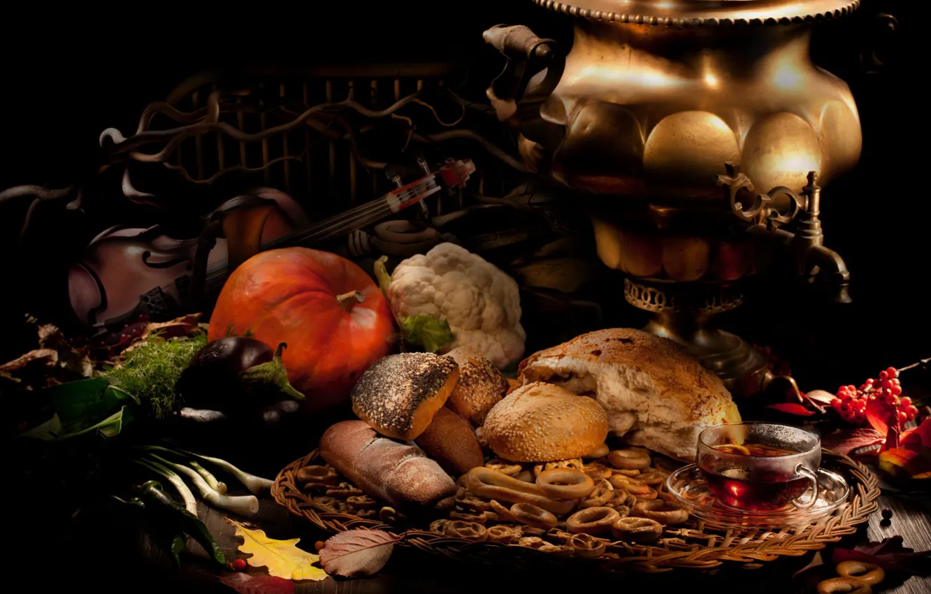Photo wallpaper greens, table, tea, violin, food, bow, bread, eggplant
