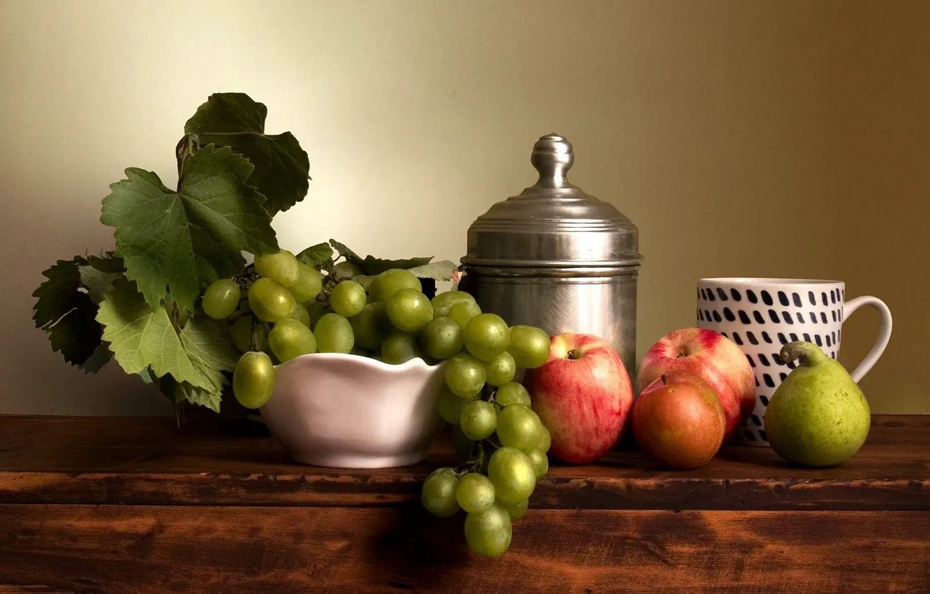 Photo wallpaper green, food, leaves, grapes, fruits, vase, Still life, apples