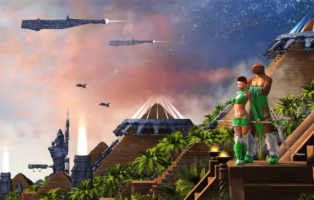 Photo wallpaper the sky, stars, palm trees, pyramid, spaceship, lower depths, the new gods
