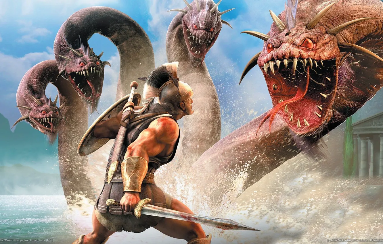 Photo wallpaper warrior, fight, Hydra, Titan Quest