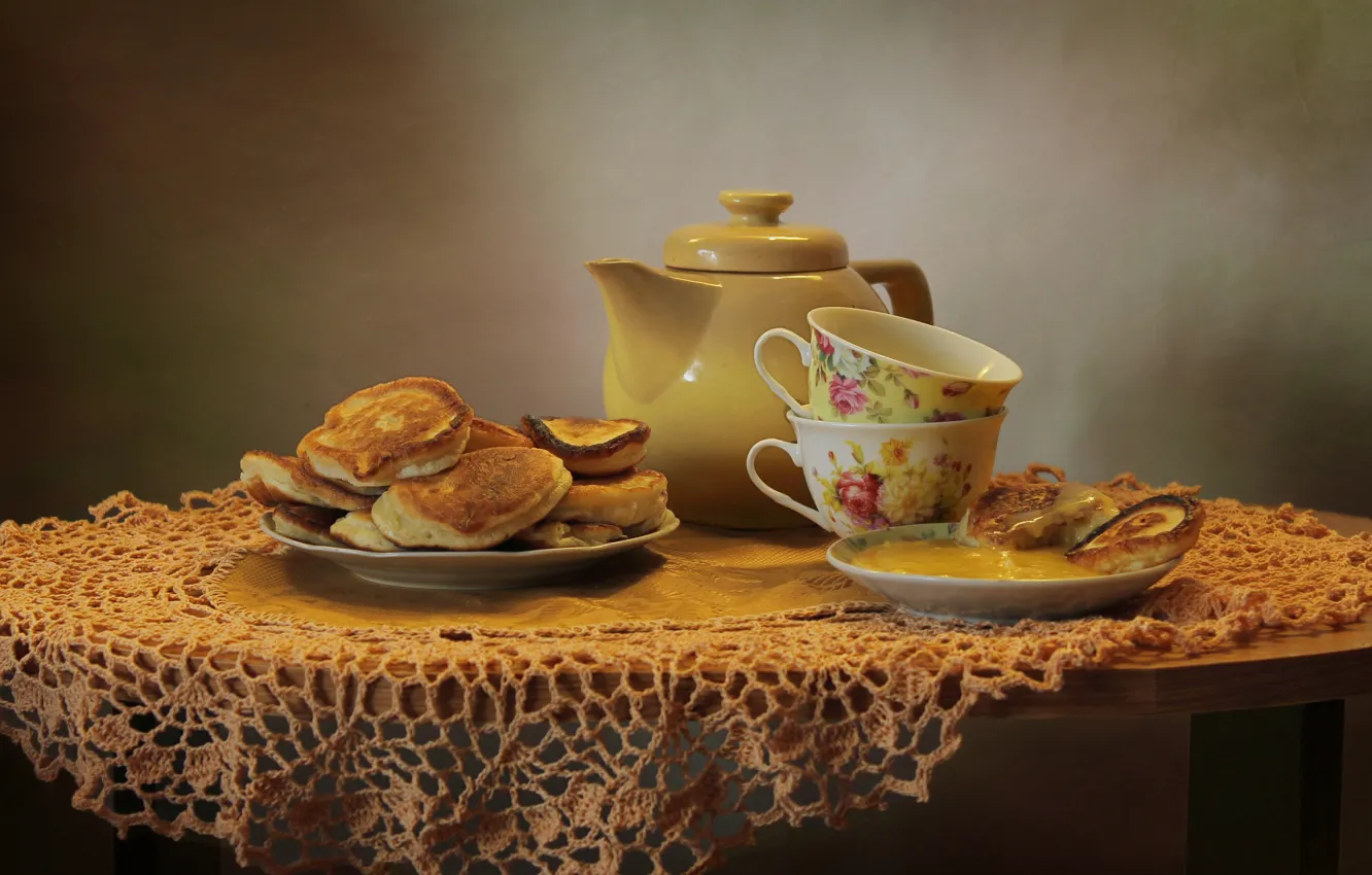 Photo wallpaper winter, tea, honey, still life, delicious, pancakes, February
