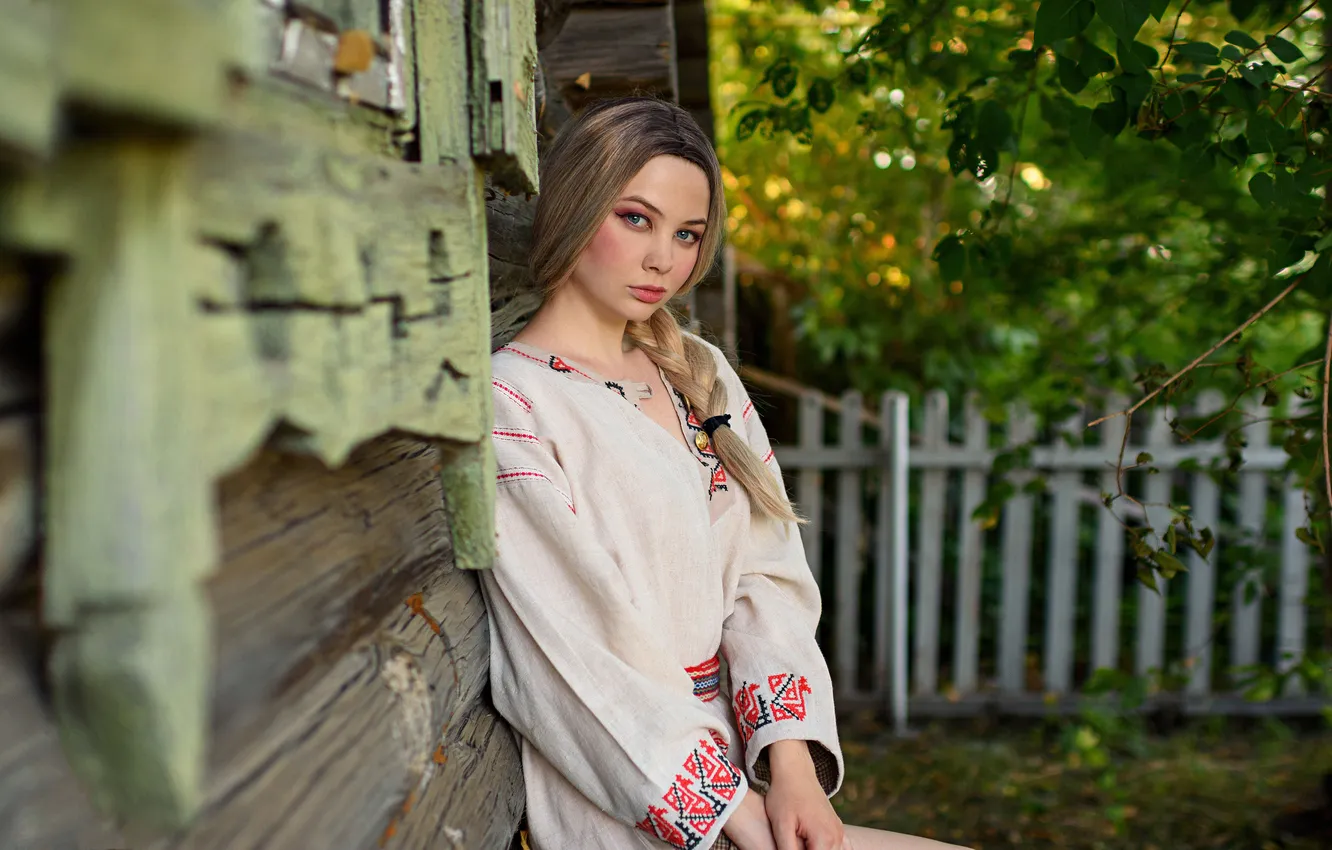 Photo wallpaper village, blonde, braid, national clothes, Alexander Pavlyuk