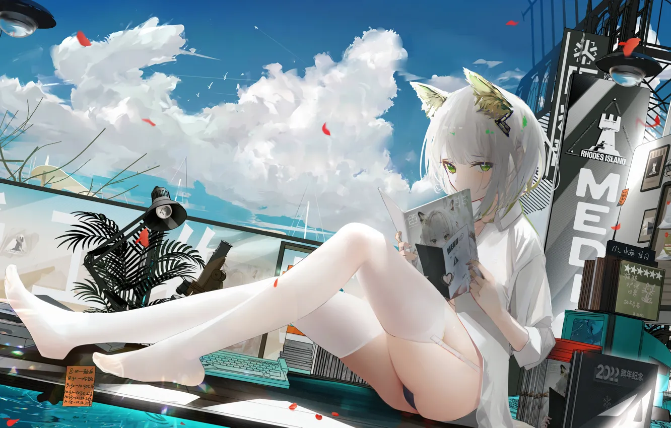 Photo wallpaper roof, the sky, girl, pool, journal, ears, Arknights, Calcite