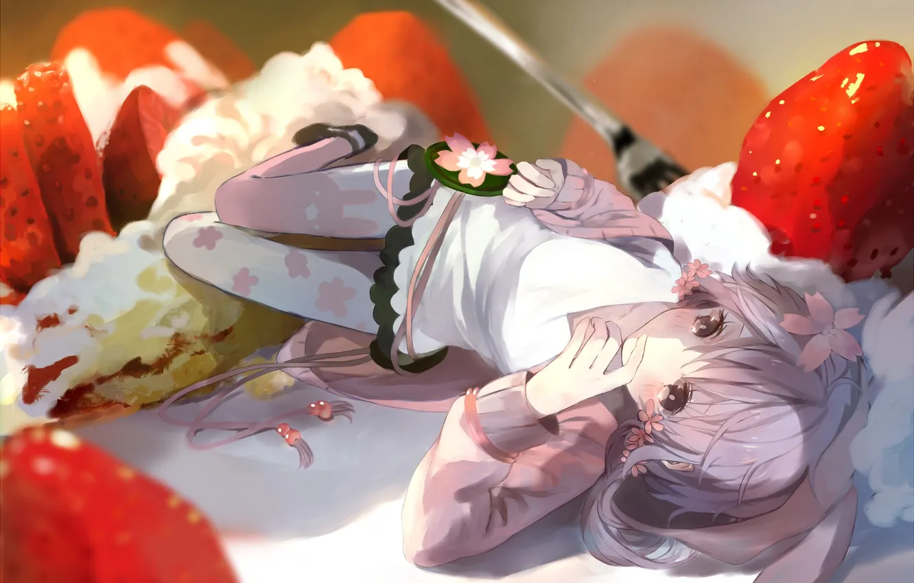 Photo wallpaper girl, anime, strawberry, art, cake, vocaloid, yuzuki up, bou shaku
