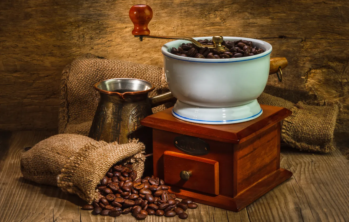 Photo wallpaper table, coffee, grain, pouch, Turk, coffee grinder
