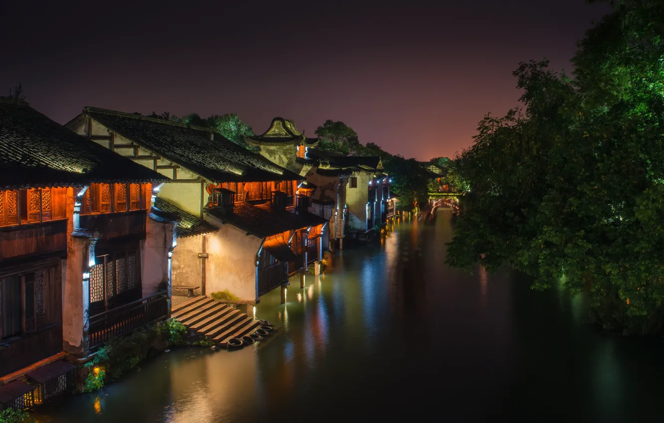 Photo wallpaper water, night, the city, street, home, lighting, China, channel