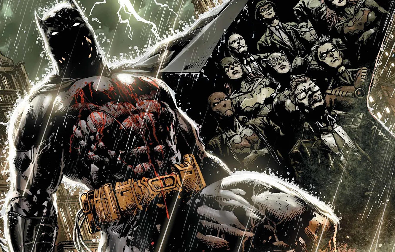 Photo wallpaper Lightning, Rain, Blood, Batman, Costume, The storm, Belt, Hero, Mask, Comic, Catwoman, Cloak, Superhero, Hero, …