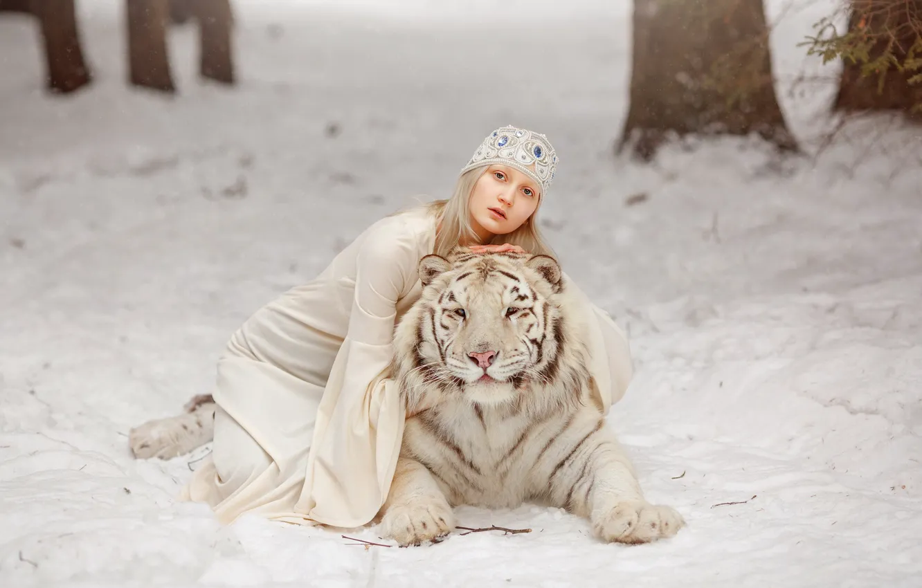 Photo wallpaper winter, white, girl, snow, trees, nature, face, tiger