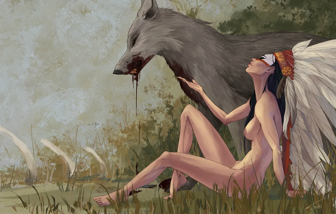 Photo wallpaper grass, blood, wolf, wounded, white feathers, headdress Indian warrior, woman