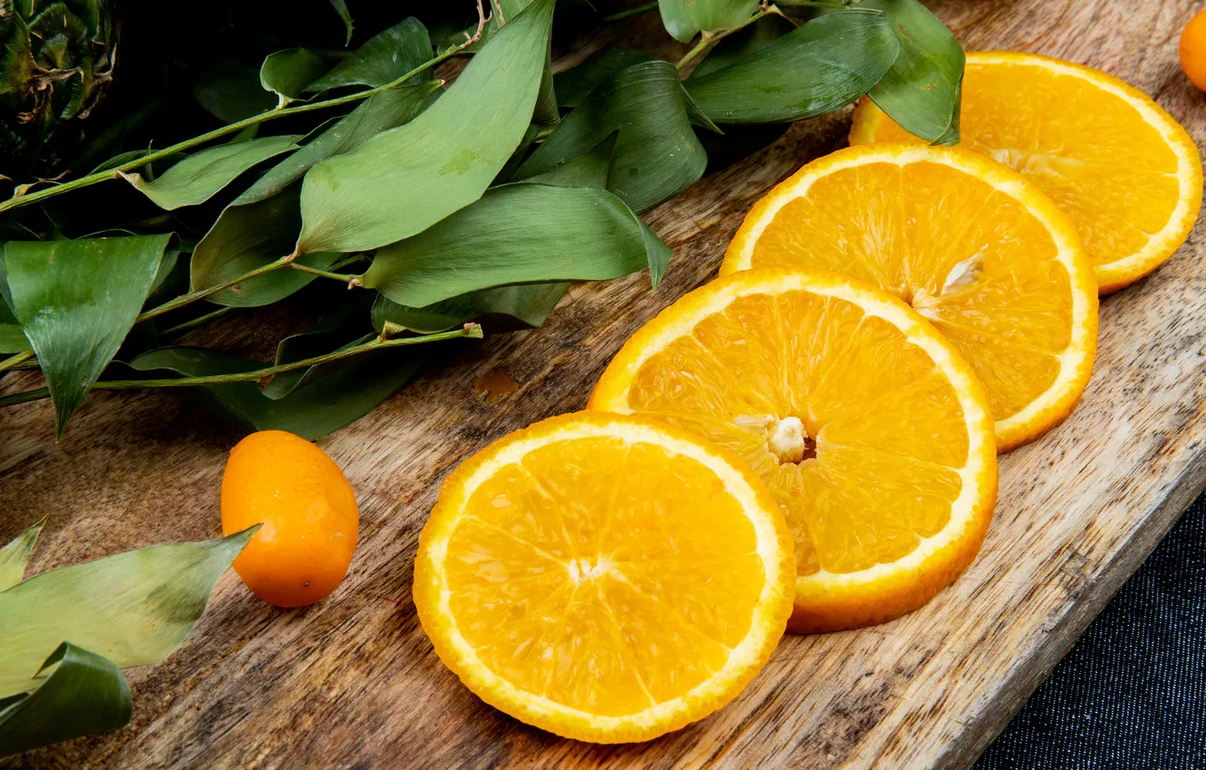 Photo wallpaper leaves, Board, orange, fruit, slices, composition, kumquat