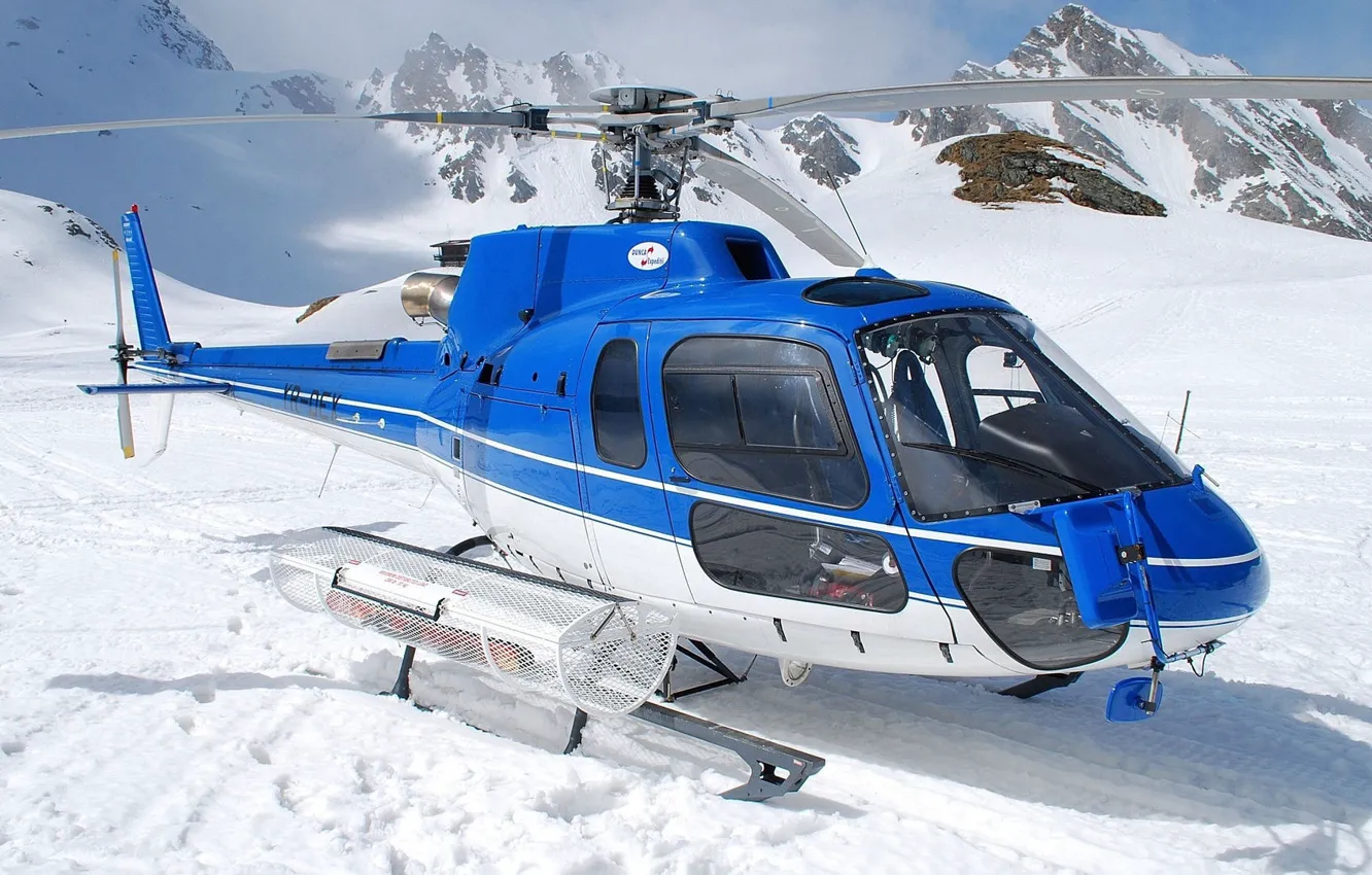 Photo wallpaper snow, mountains, helicopter, helicopter, show, mounts