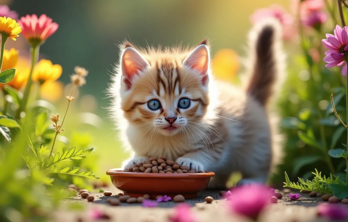 Photo wallpaper cat, look, light, flowers, pose, garden, red, bowl