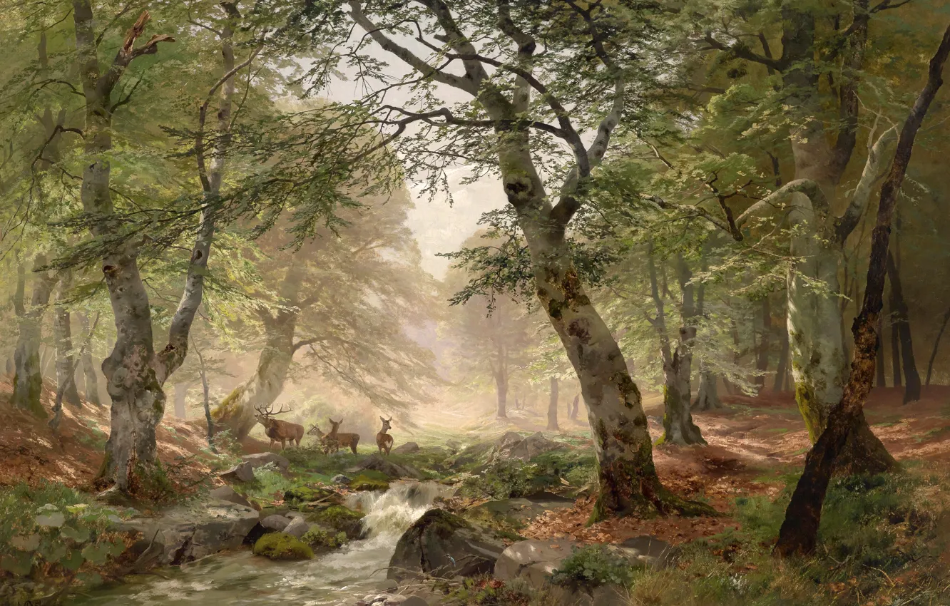 Photo wallpaper forest, trees, stream, stones, figure, deer
