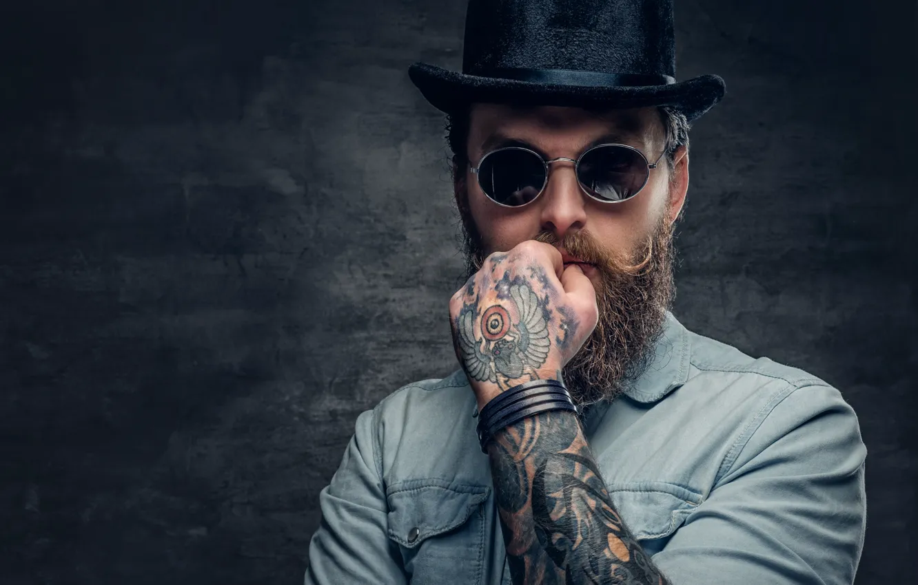 Photo wallpaper face, background, hand, portrait, tattoo, glasses, male, beard