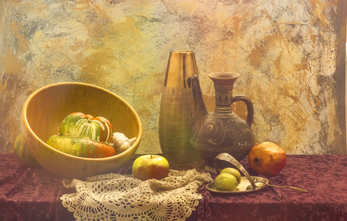 Photo wallpaper table, wall, apples, plate, dishes, pumpkin, lime, bowl
