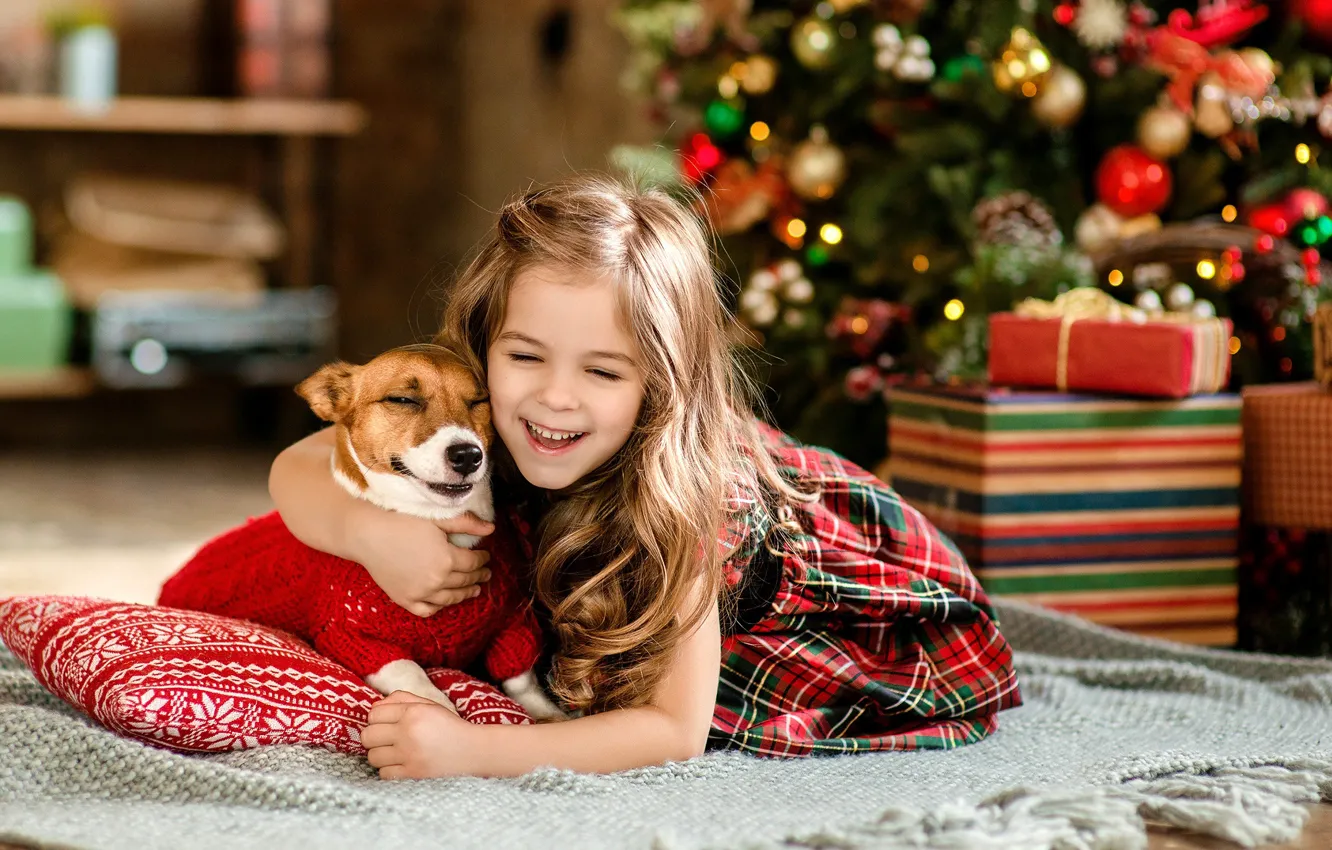 Photo wallpaper joy, gift, tree, new year, dog, girl