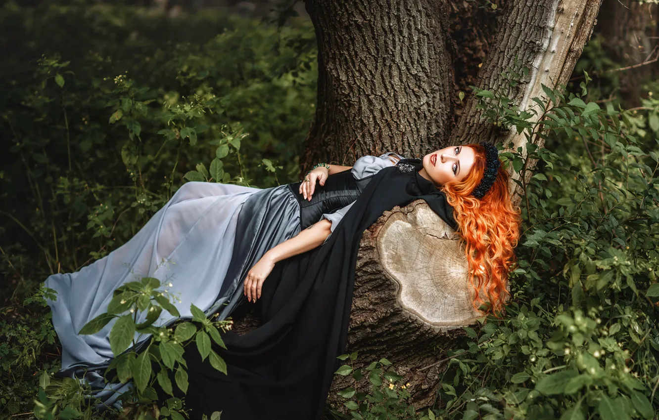 Photo wallpaper forest, trees, stay, the red-haired girl