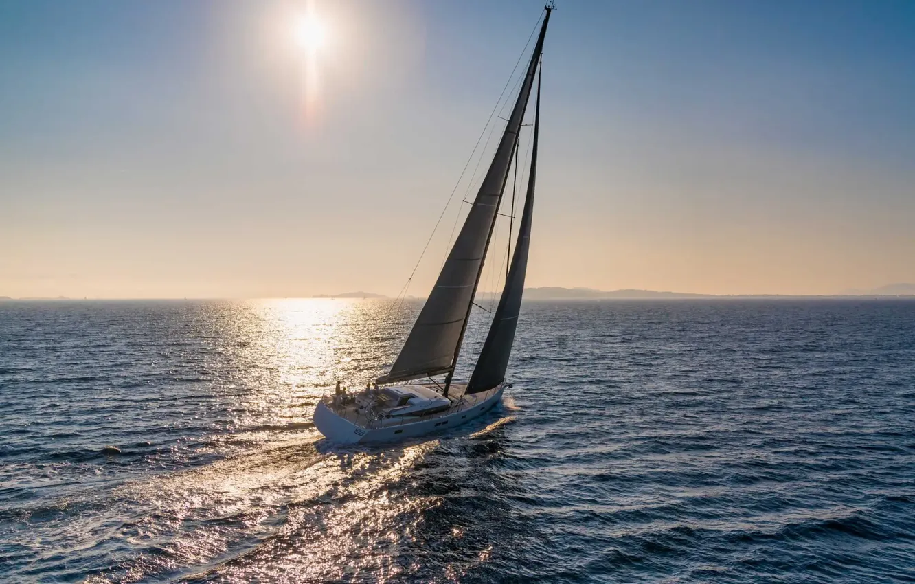 Photo wallpaper sea, the sky, the sun, the way, movement, the wind, coast, boat