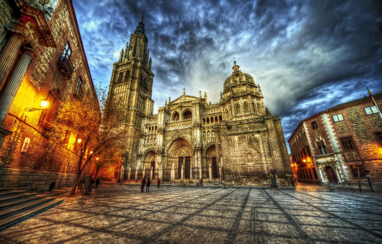 Photo wallpaper street, HDR, area, lights, temple, Spain, Spain, Catedral