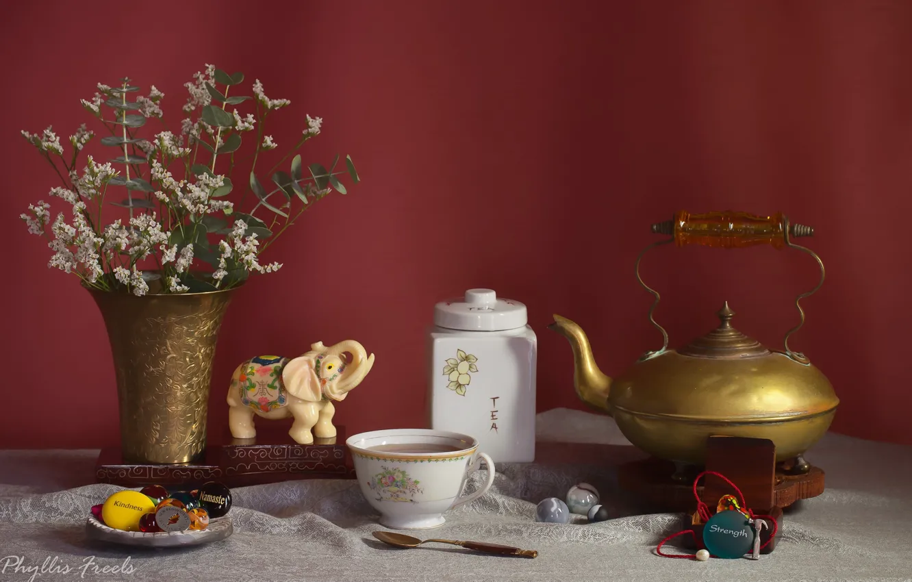 Photo wallpaper flowers, tea, kettle, Cup