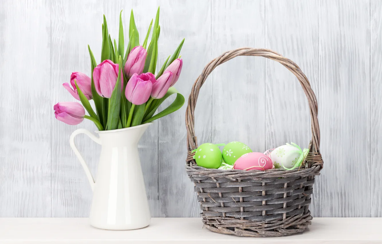 Photo wallpaper flowers, eggs, spring, colorful, Easter, wood, pink, flowers