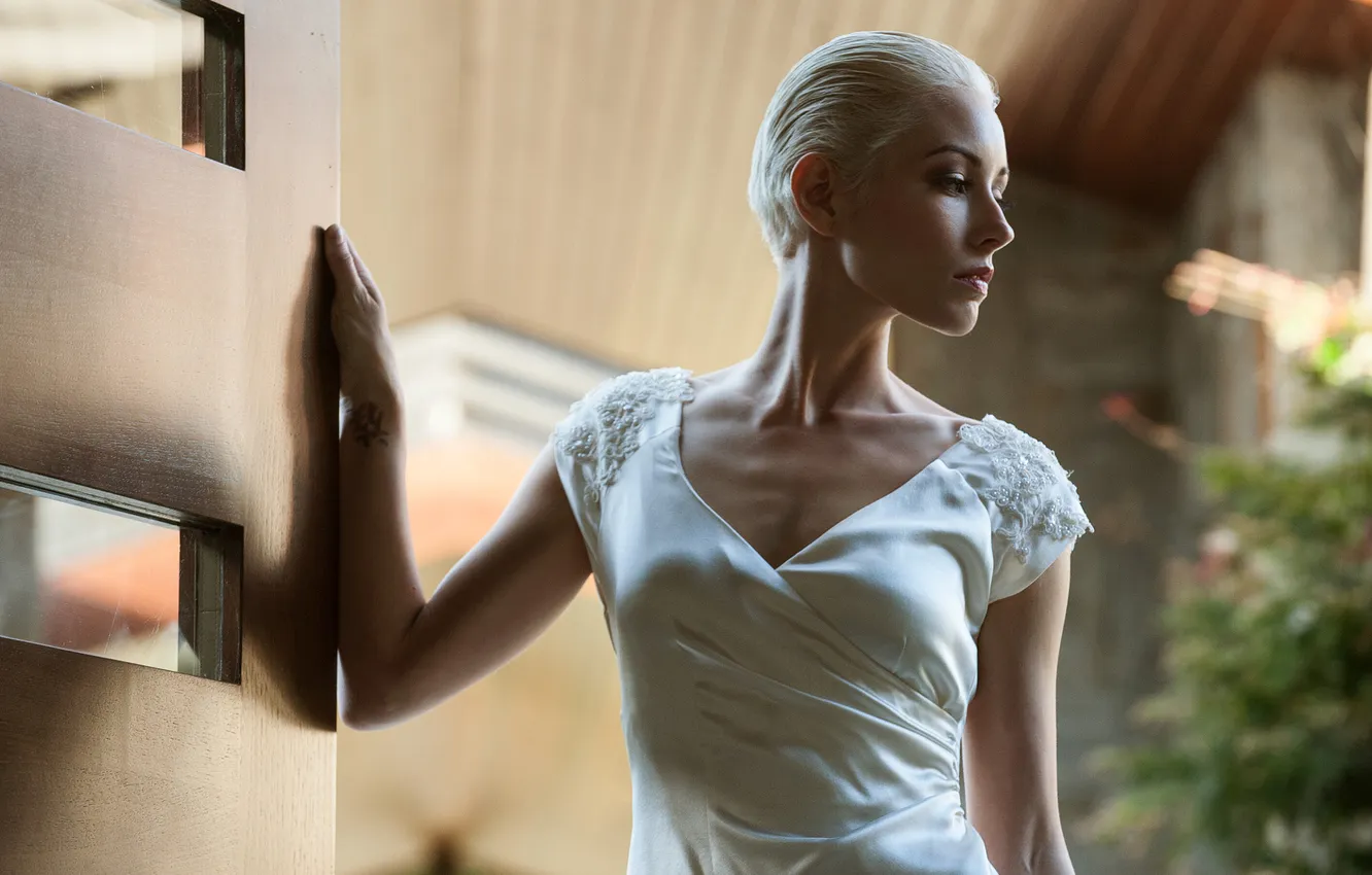 Photo wallpaper pose, model, portrait, hands, makeup, dress, the door, hairstyle