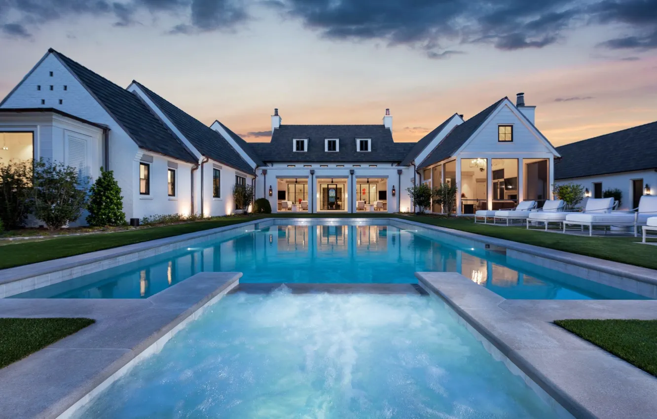 Photo wallpaper Villa, the evening, pool, lighting, architecture, terrace