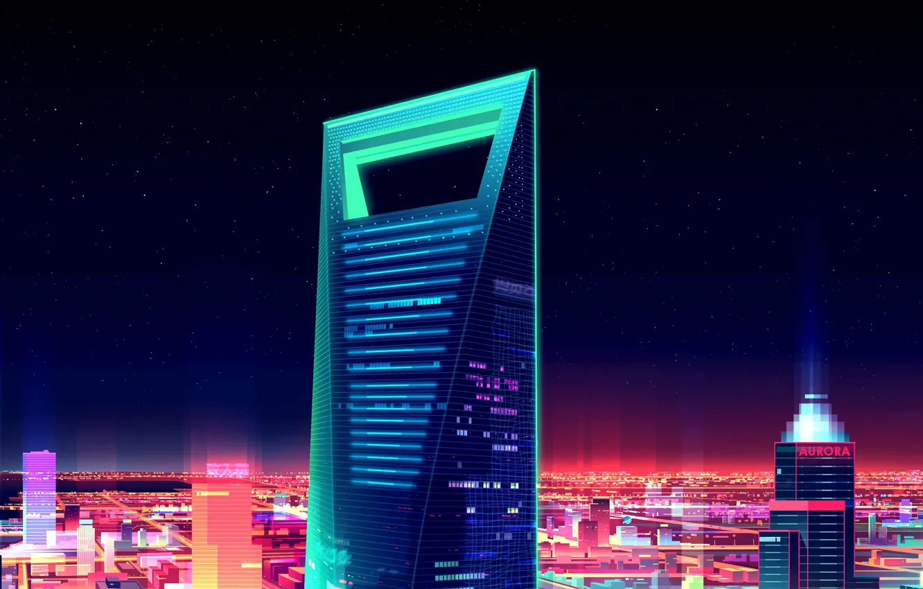 Photo wallpaper night, the city, style, building, vector, art, China, Shanghai