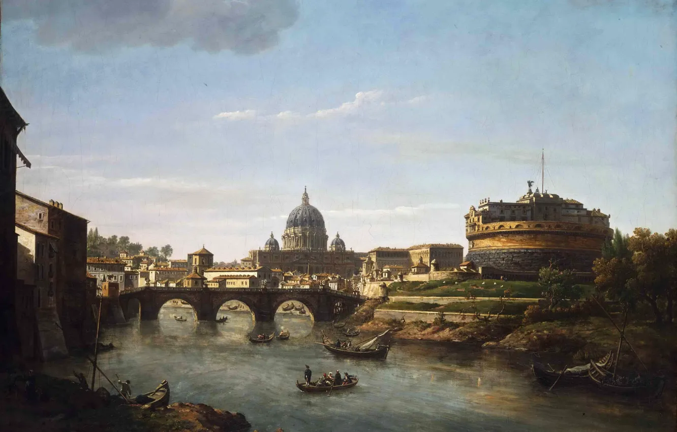 Photo wallpaper the sky, clouds, bridge, river, boat, people, tower, picture