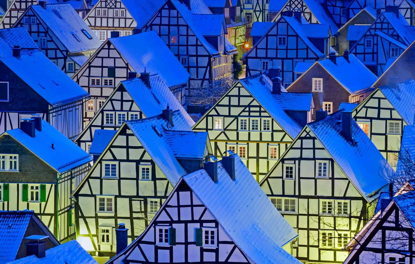 Photo wallpaper winter, roof, lights, Windows, home, the evening, Germany, North Rhine-Westphalia