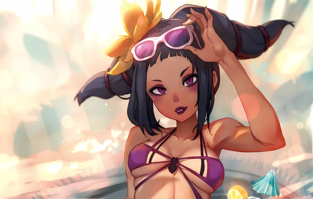 Photo wallpaper girl, sexy, cleavage, boobs, anime, beautiful, short hair, purple eyes