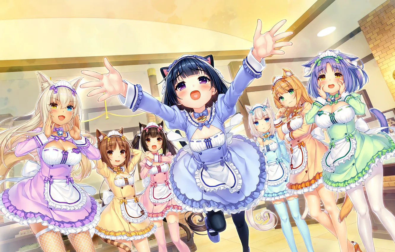 Photo wallpaper sexy, cleavage, thighhighs, green eyes, long hair, dress, legs, girls