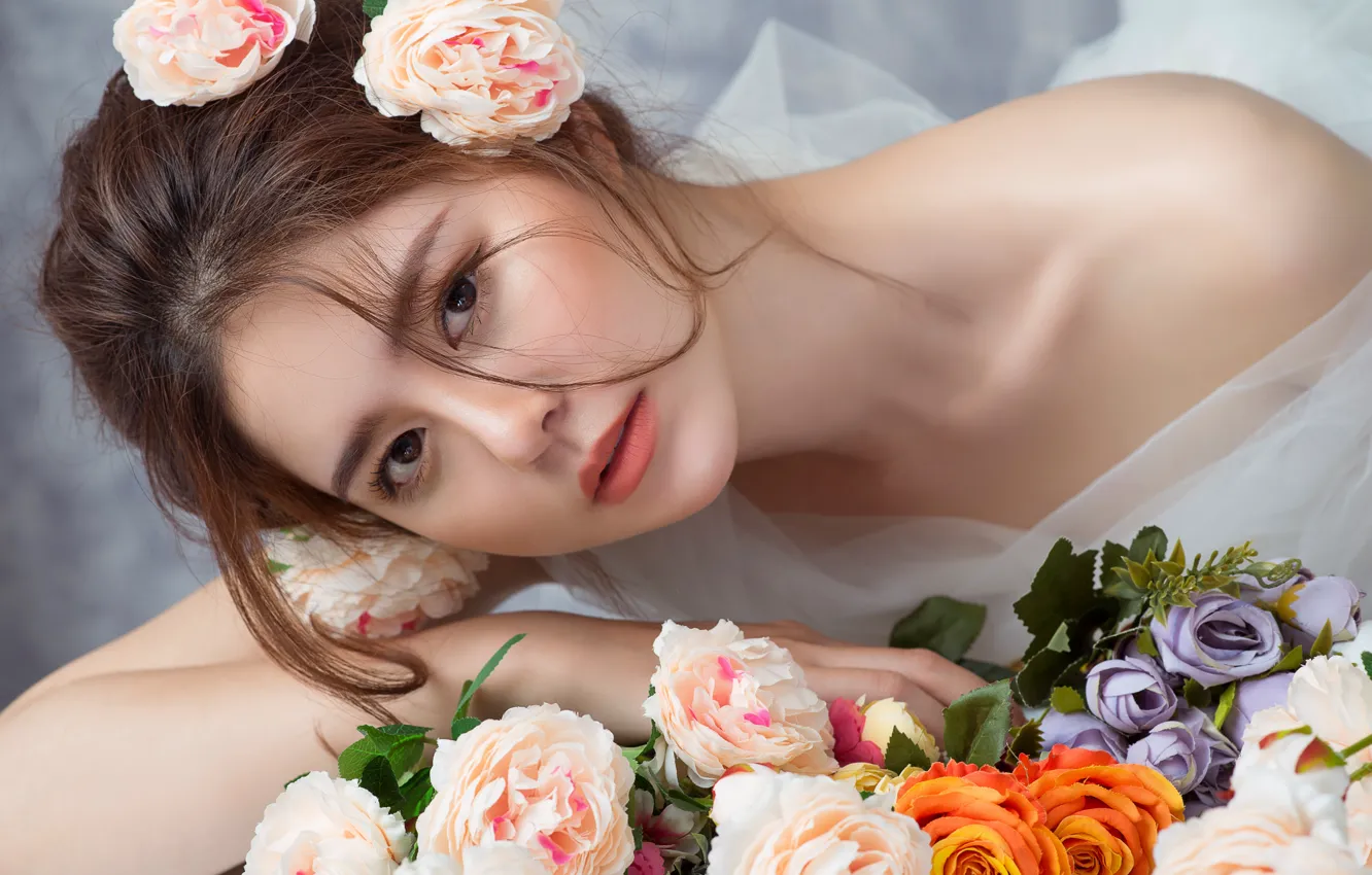 Photo wallpaper look, flowers, face, roses, Asian