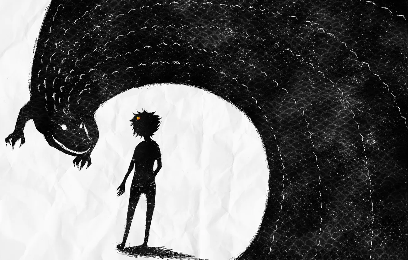 Photo wallpaper figure, art, black and white, art, Yin-Yang, alligator, Troll, wrinkled paper