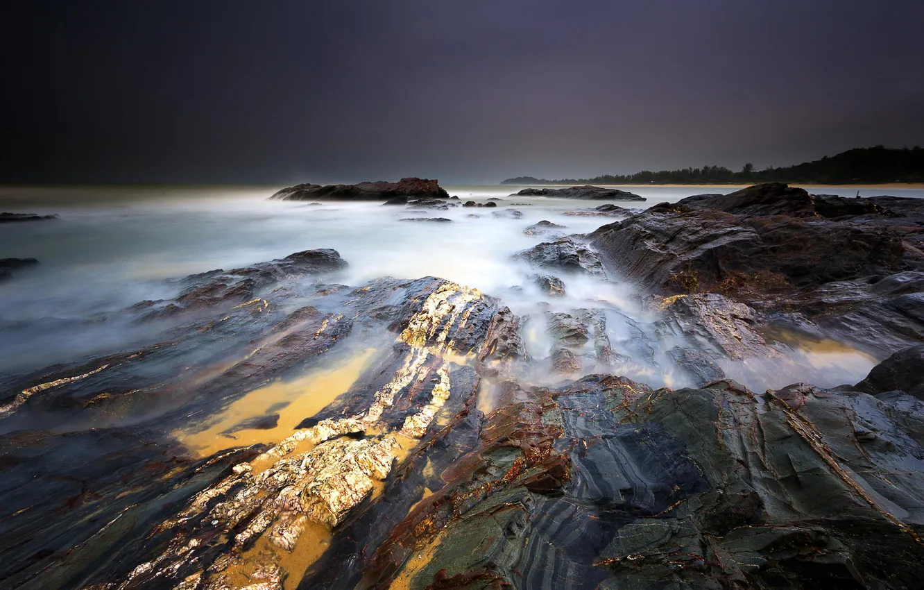 Photo wallpaper storm, the ocean, rocks, coast