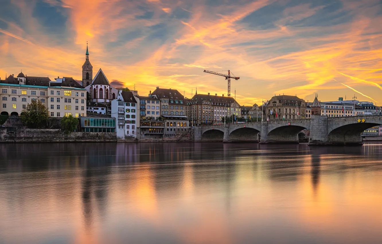 Photo wallpaper sunset, bridge, river, building, home, Switzerland, Switzerland, Basel