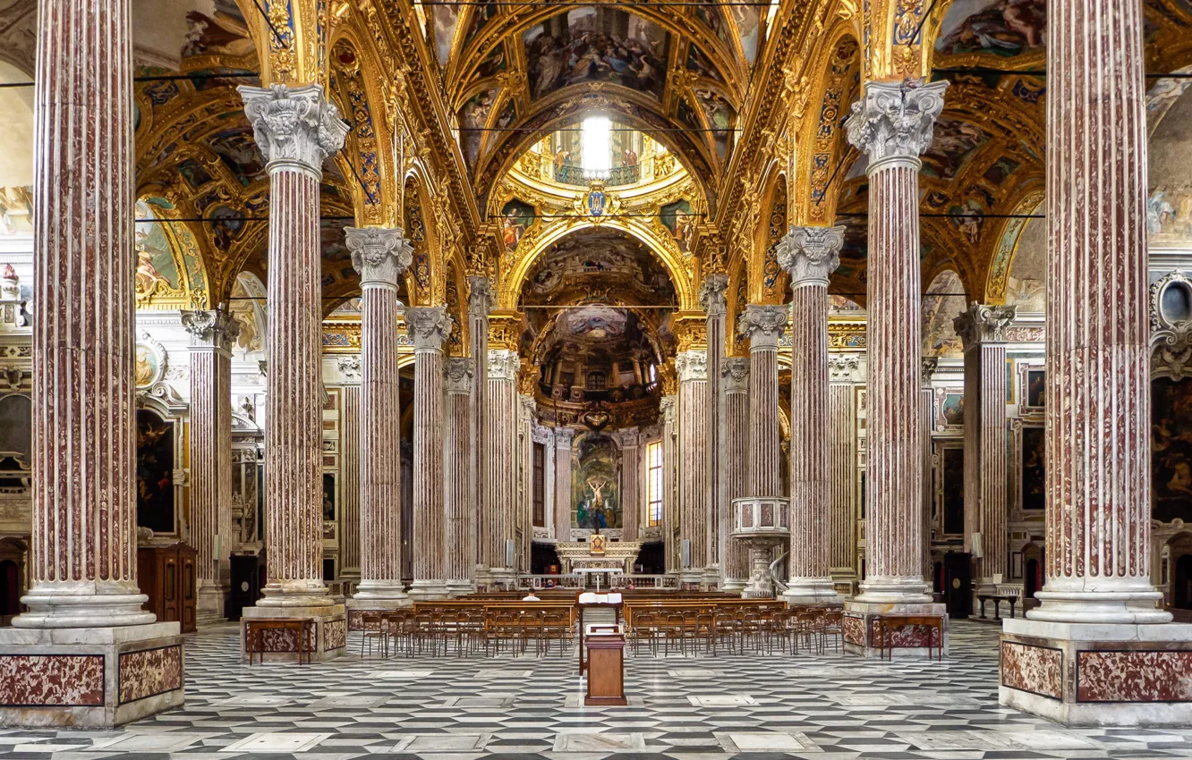 Photo wallpaper Italy, columns, bench, Basilica, Genoa, the nave, Santissima Annunziata del Vastato