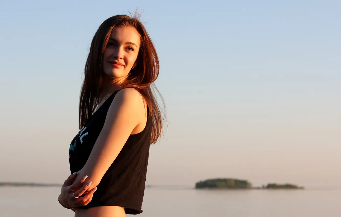 Photo wallpaper girl, beach, sky, nature, model, redhead, short tops, black top
