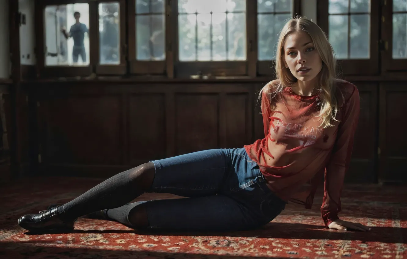 Photo wallpaper AI art, jeans, blonde, legs, blouse