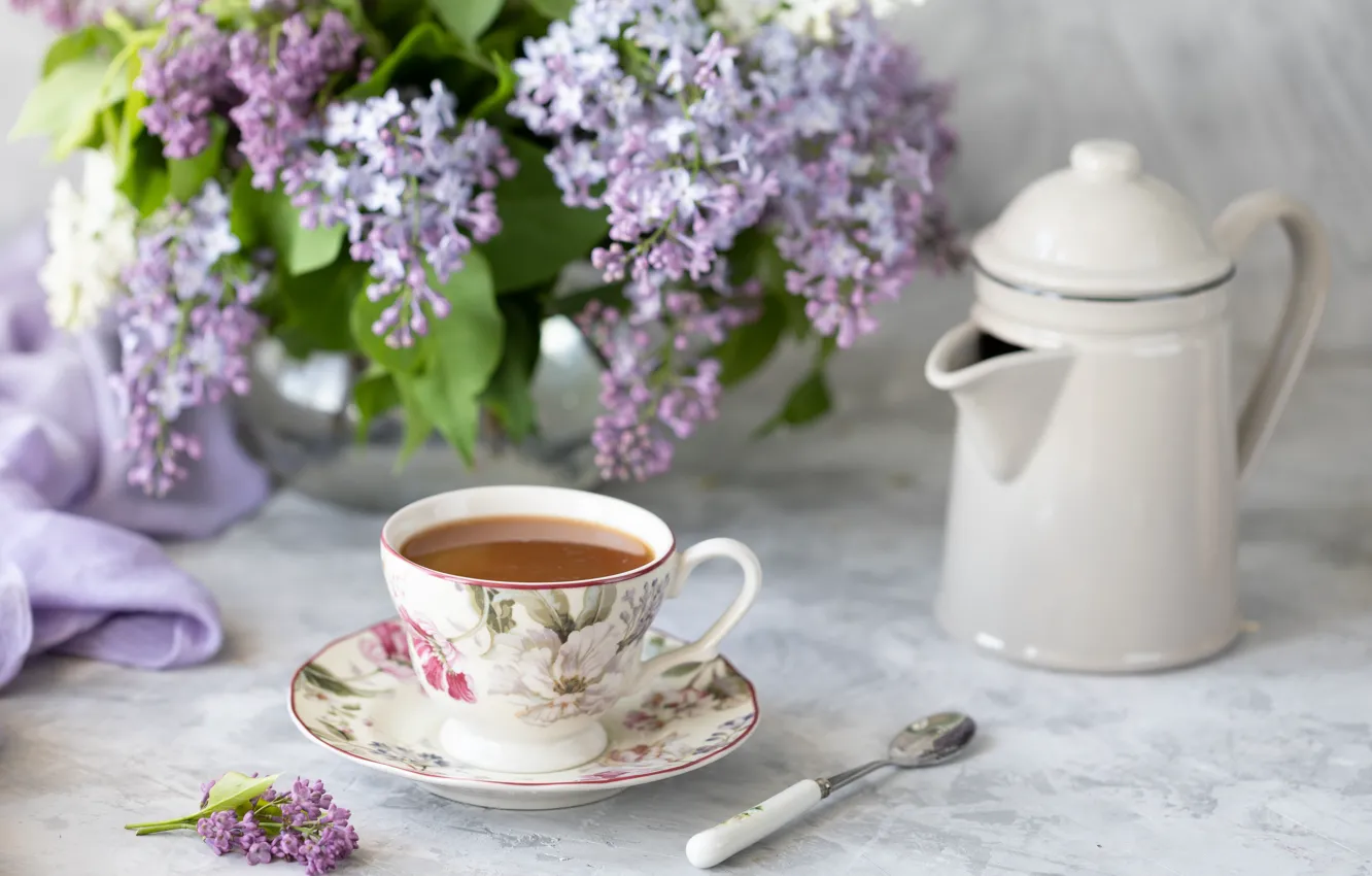 Photo wallpaper coffee, bouquet, kettle, Cup, vase, lilac, Karina Klachuk