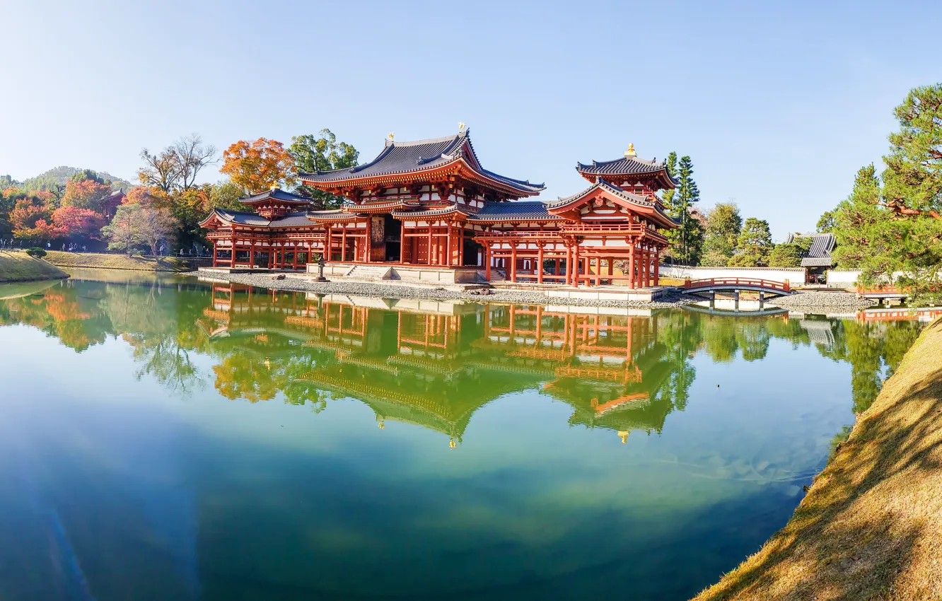 Photo wallpaper trees, pond, Park, reflection, Japan, panorama, temple, Japan