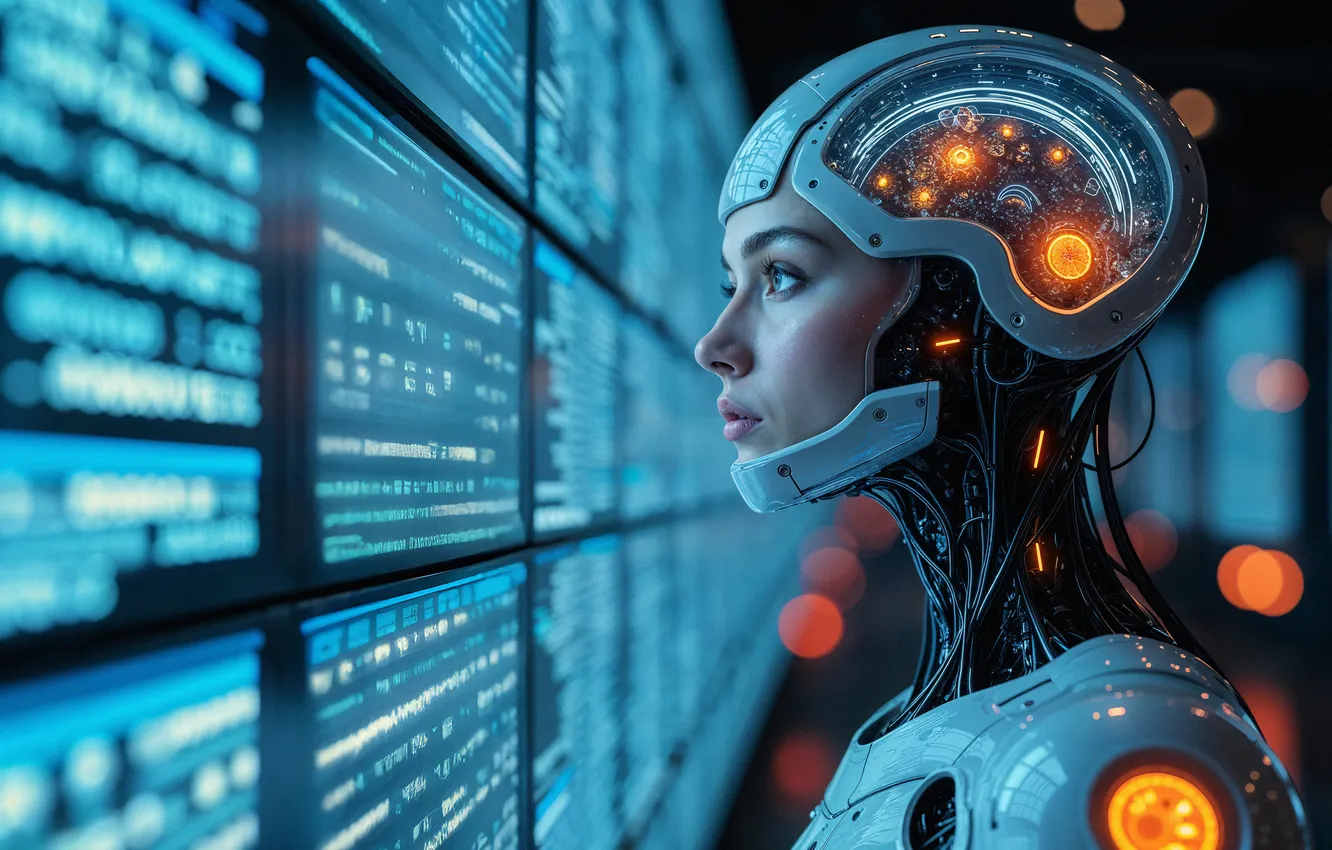 Photo wallpaper screen, cyborg, data, analyzing, cyberpunk