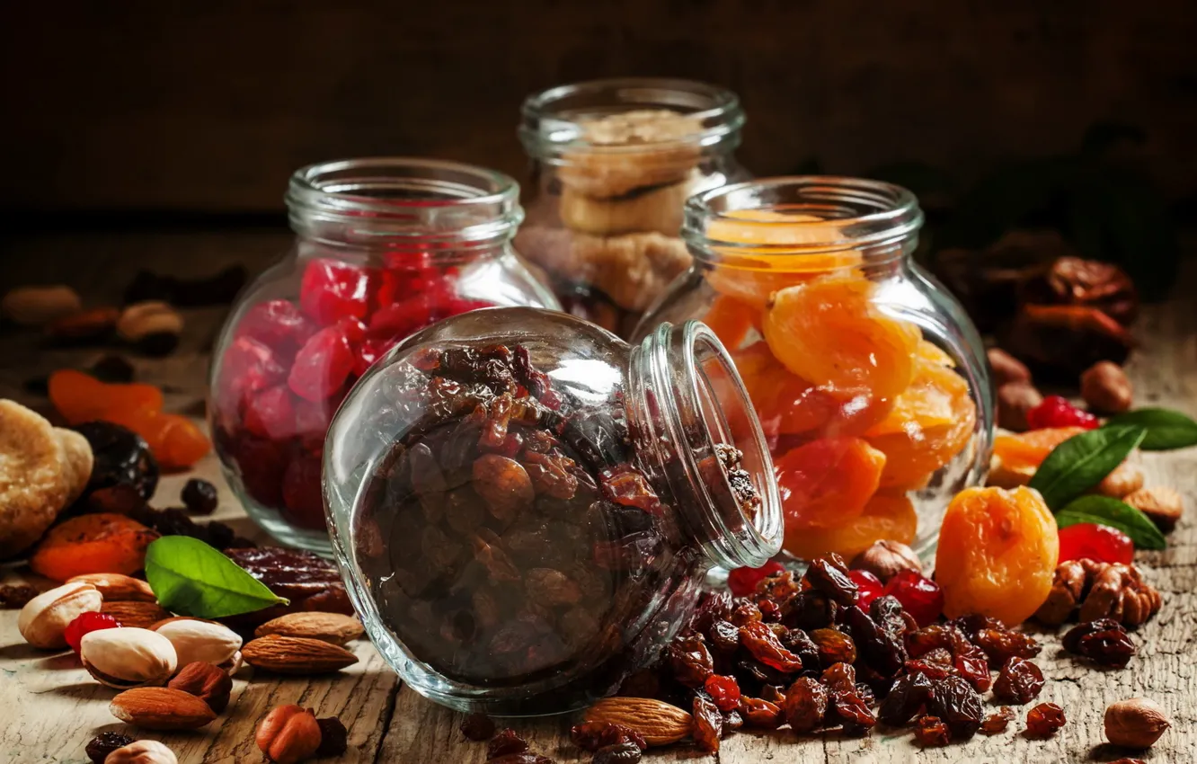 Photo wallpaper food, nuts, almonds, raisins, figs, dried apricots, dried fruits