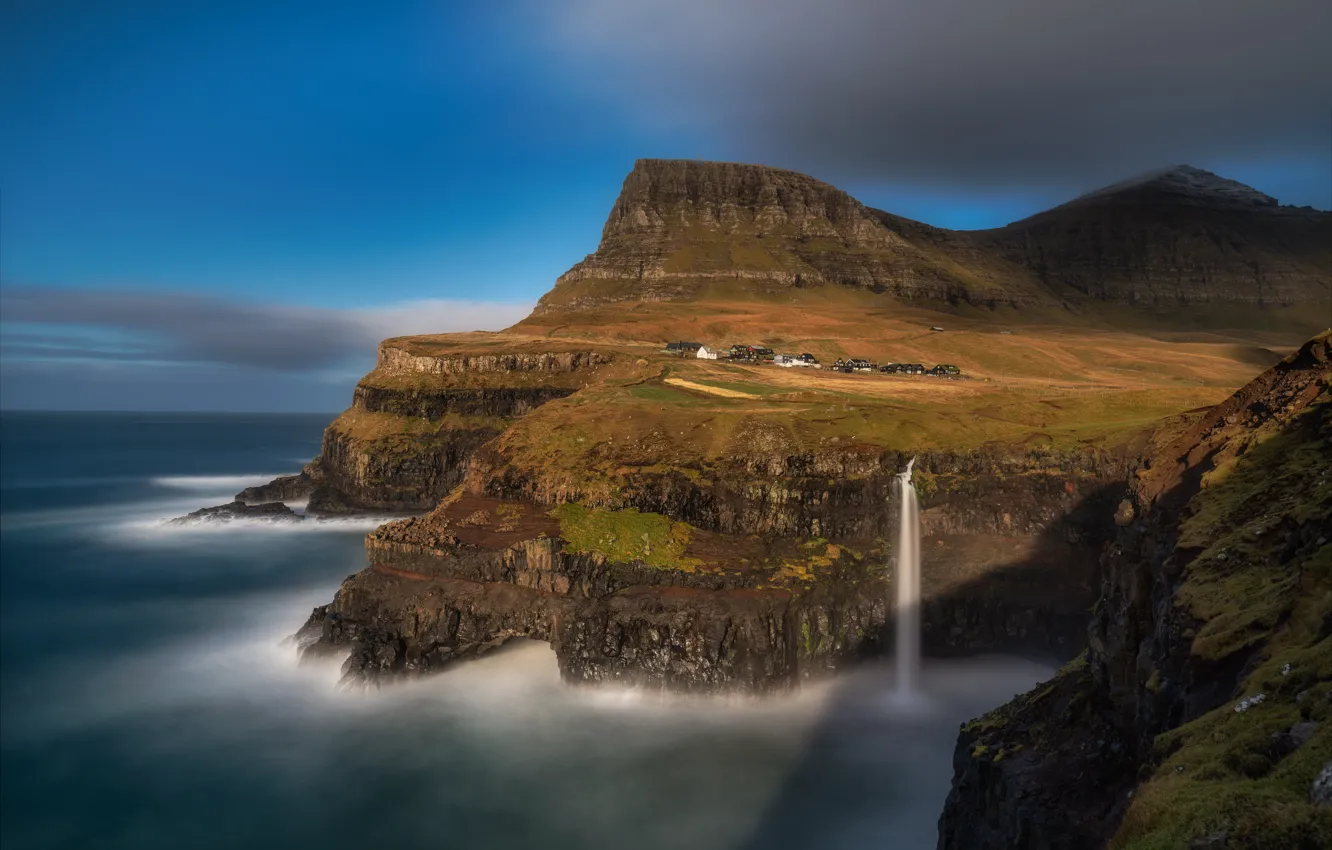 Photo wallpaper sea, rocks, shore, waterfall, house, The Faroe Islands