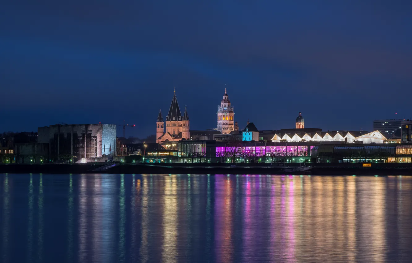Photo wallpaper night, lights, river, home, Germany, Church, promenade, Mainz