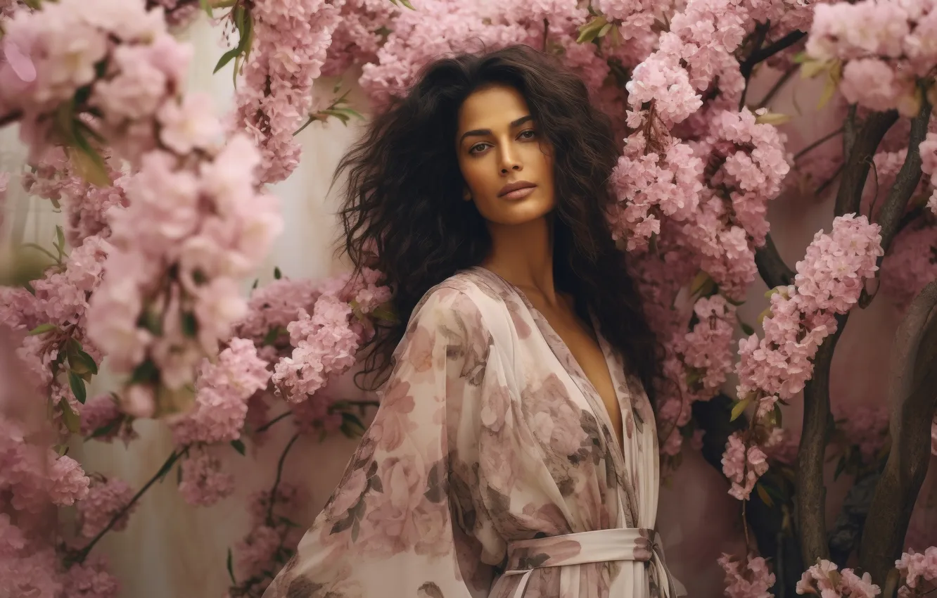 Photo wallpaper girl, flowers, branches, spring, dress, brunette, pink, flowering