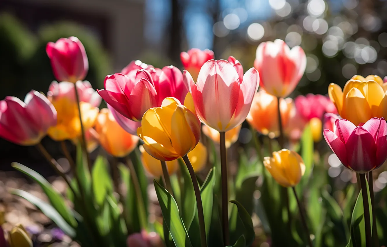 Photo wallpaper flowers, spring, garden, tulips, AI art, neural network
