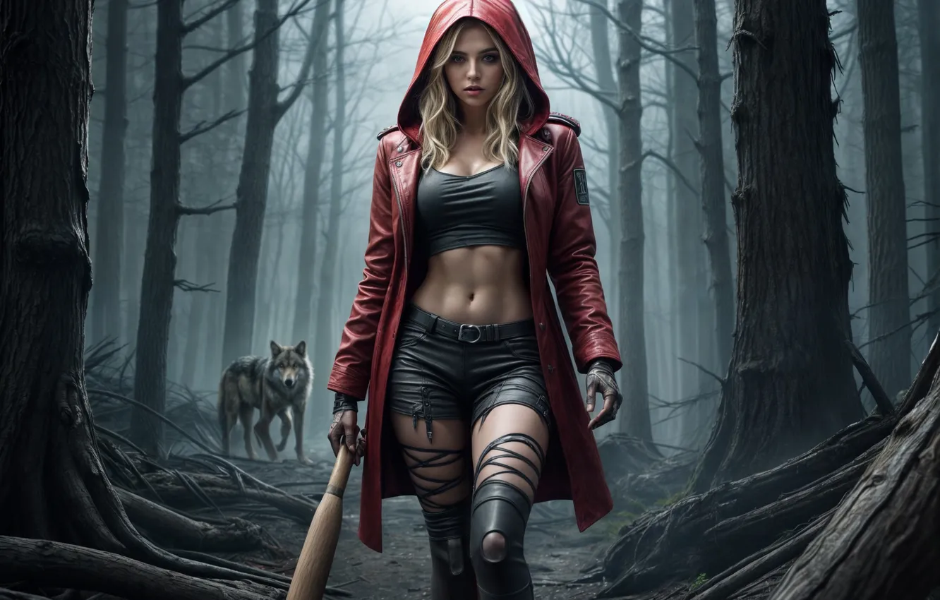 Photo wallpaper forest, girl, wolf, little red riding hood, the image is generated by AI