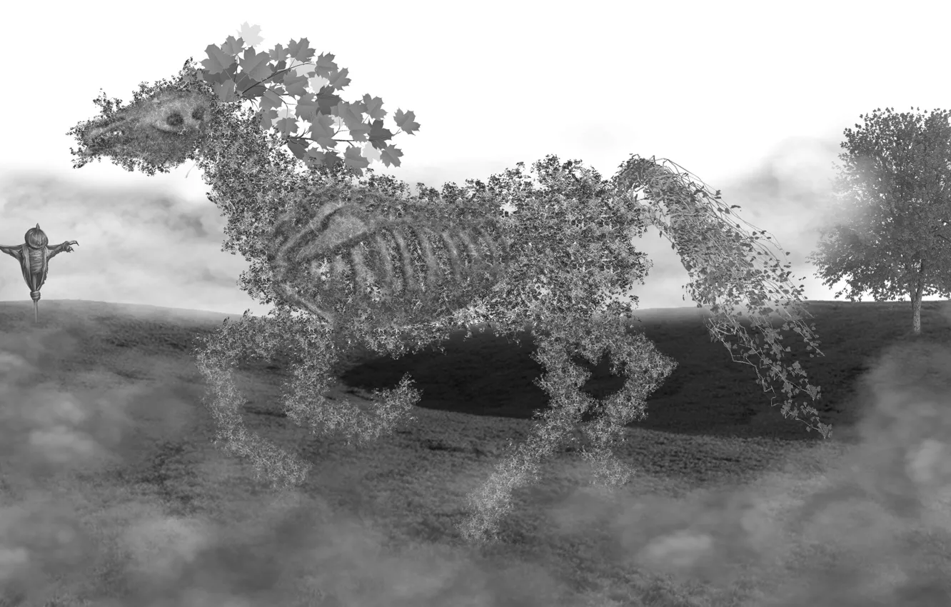 Photo wallpaper trees, nature, horse, black and white, Scarecrow, My dream